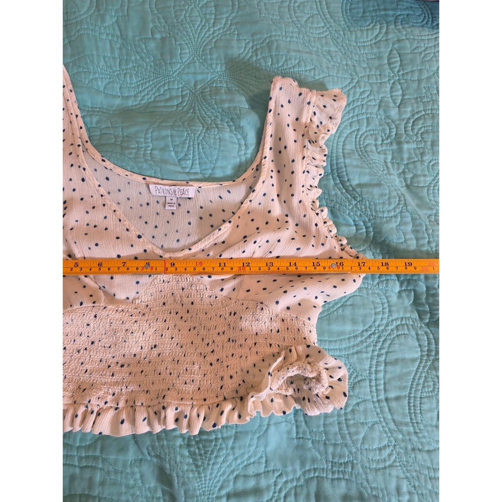Patrons of Peace Polka Dot Smocked Crop Top Cream Navy Blue Ruffle Boho Medium - Picture 5 of 6